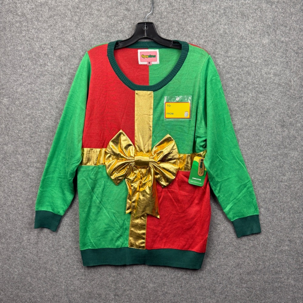 Tipsy Elves Womens Present Sweater Red Green Gold Metallic Bow Christmas XL‎ NWT